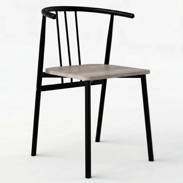 [Grey] Torvi dining chair with black tubular metal frame, spindle back, armrests and grey oak seat pad