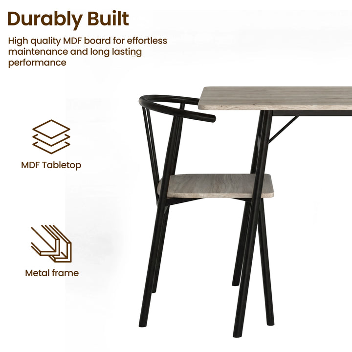 [Grey] Torvi dining set infographic showing one chair tucked under table for durably built