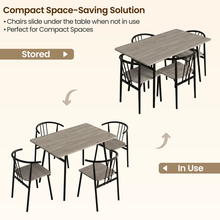 [Grey Oak] Torvi dining set infographic showing four chairs tucked under table for compact space-saving storage