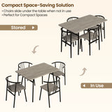 [Grey] Torvi dining set infographic showing four chairs tucked under table for compact space-saving storage
