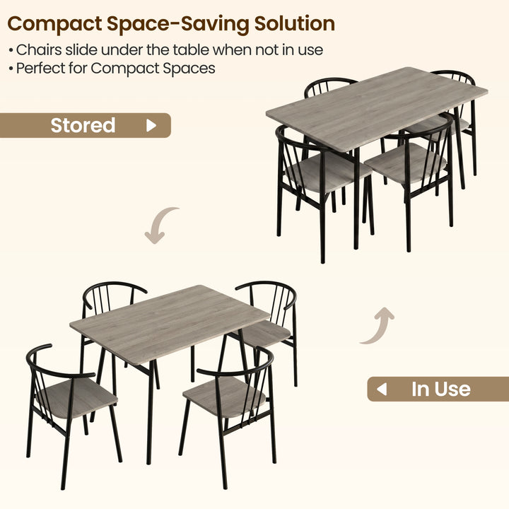 [Grey] Torvi dining set infographic showing four chairs tucked under table for compact space-saving storage