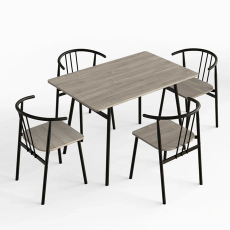 [Grey Oak] Torvi dining set infographic showing four chairs tucked under table for compact space-saving storage