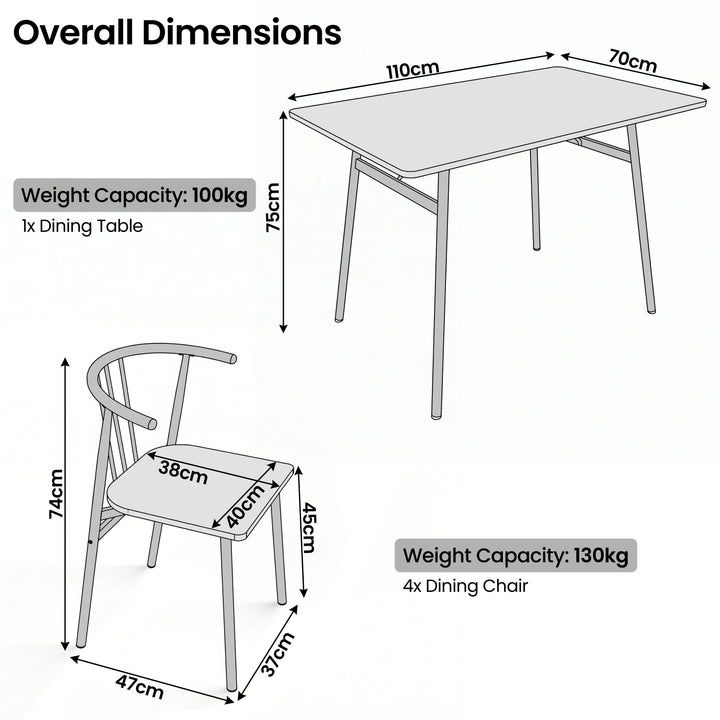 [Grey Oak] Torvi dining table and chairs set dimension diagram showing 110x70x75cm table and 74cm high chair with 38x40cm seat and weight capacity labels