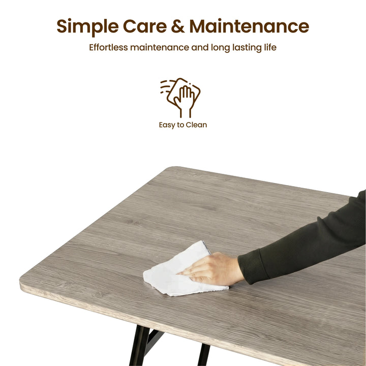 [Grey] Torvi dining set detail infographic showing MDF tabletop construction and black metal frame chair legs