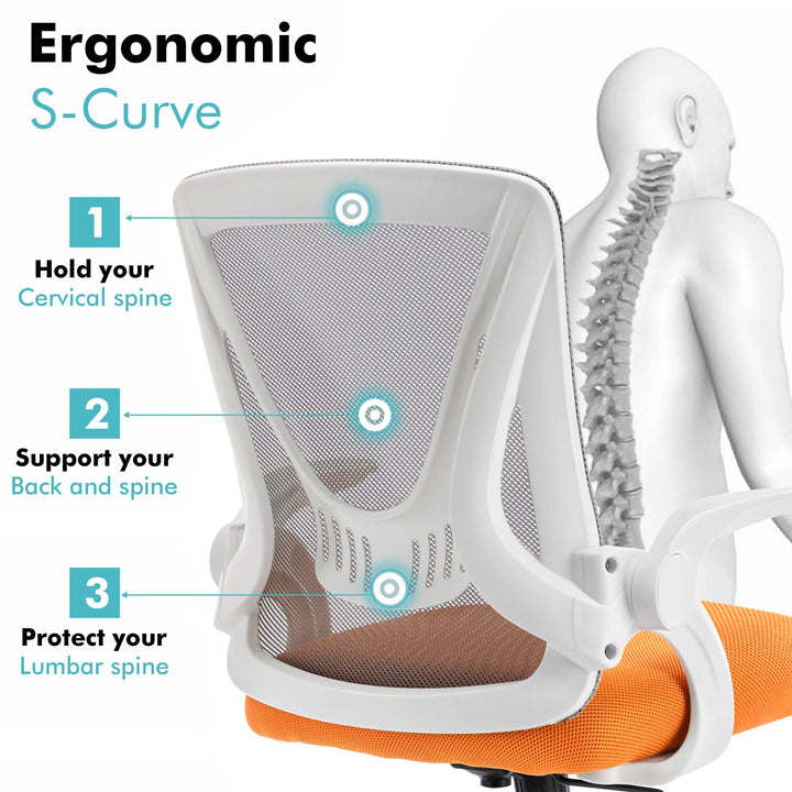 [Grey + Orange] Grey and orange ergonomic chair with breathable mesh backrest, supporting spine alignment and comfort.
