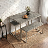 [Grey] Orvak Grey 4 Seater Dining Table With Bench Set shown from a front angle with two benches tucked underneath and a stack of pancakes as a casual breakfast setting