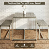 [Grey] Orvak Grey 4 Seater Dining Table With Bench Set front-facing structural view highlighting the additional steel cross pipe under the table for reinforced support