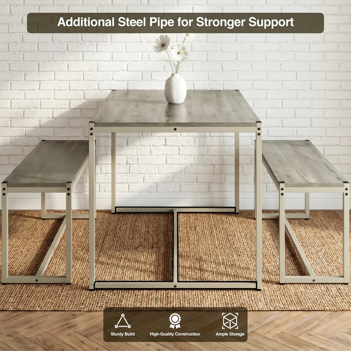 [Grey] Orvak Grey 4 Seater Dining Table With Bench Set front-facing structural view highlighting the additional steel cross pipe under the table for reinforced support