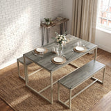 [Grey] Orvak Grey 4 Seater Dining Table With Bench Set styled in a rustic dining room with woven placemats, white roses, and salt and pepper shakers on a jute rug