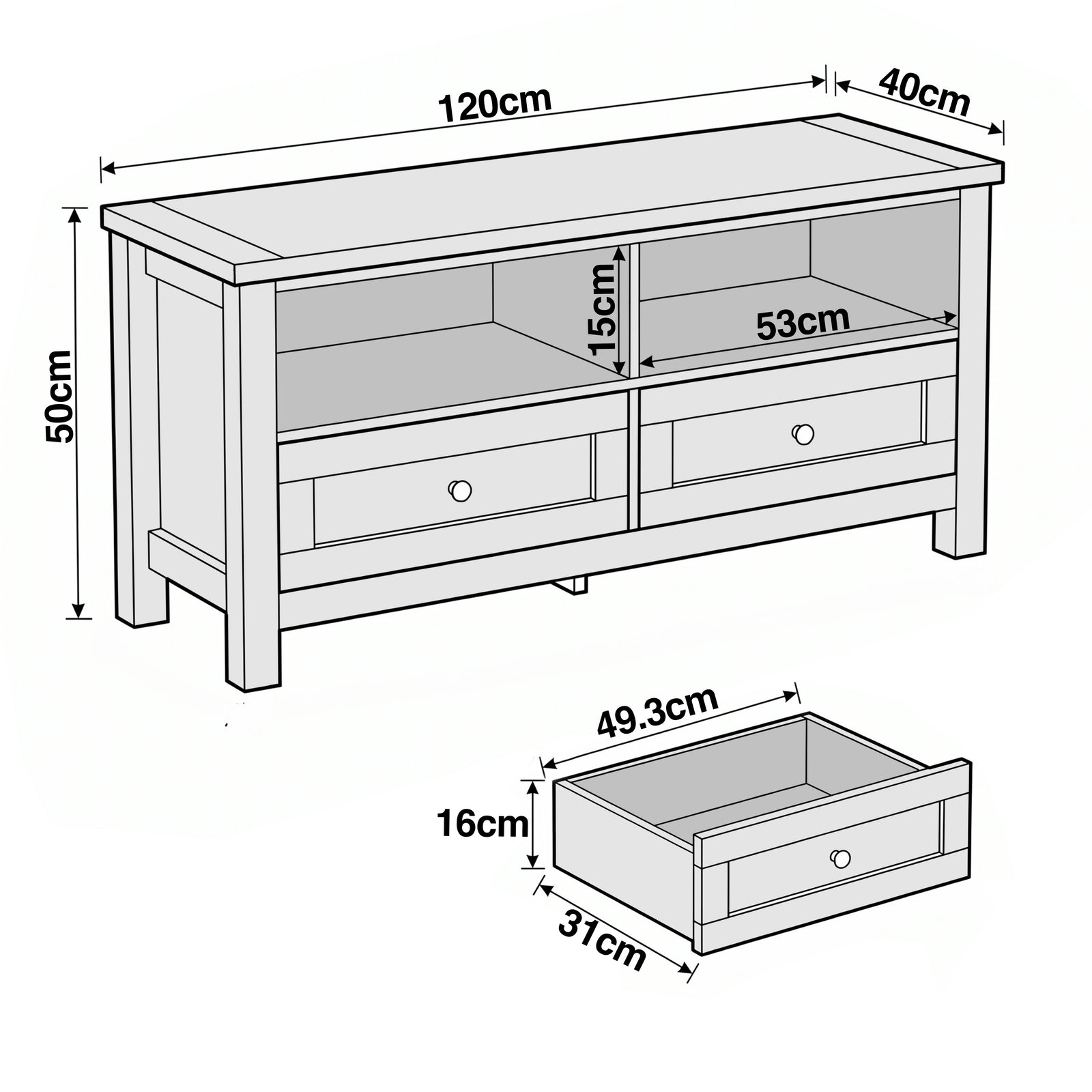 [Grey] Oskara TV unit line drawing showing overall dimensions of 120x50x40cm with drawer internal measurements of 49.3x31x16cm