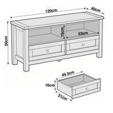 [Grey] Oskara TV unit line drawing showing overall dimensions of 120x50x40cm with drawer internal measurements of 49.3x31x16cm