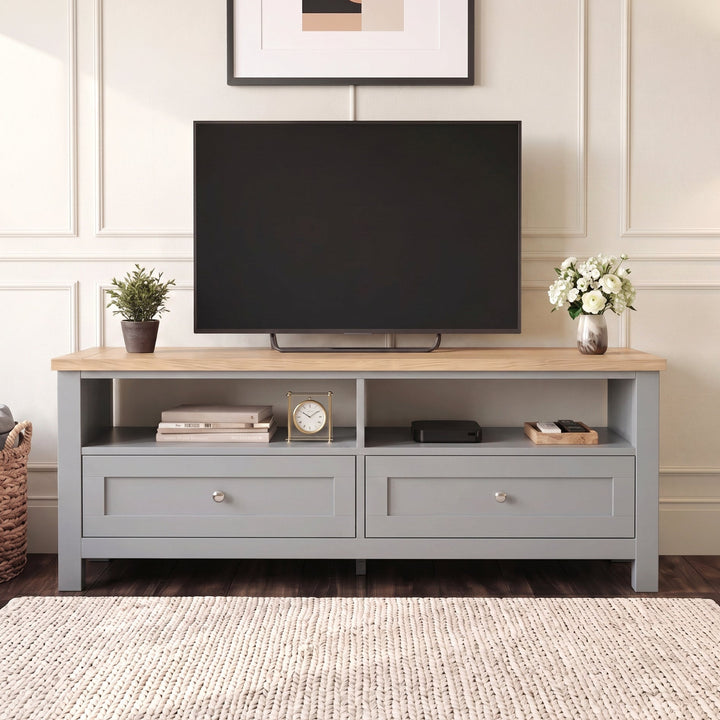 [Grey] Front view of the Oskara Grey Painted TV Unit showing two drawers and open media console shelves.