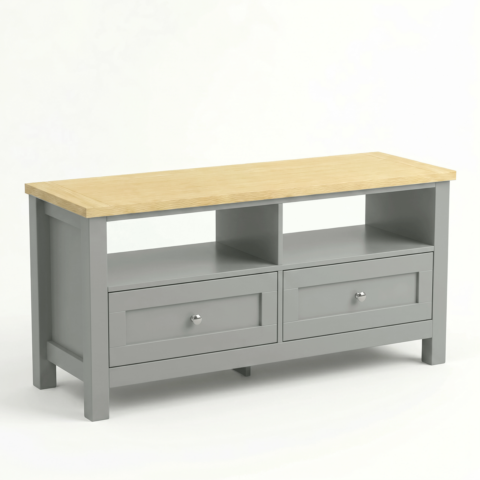 [Grey] Oskara TV unit isolated three-quarter view on white background showing oak top, two open shelf bays, and two shaker drawers with metallic knobs