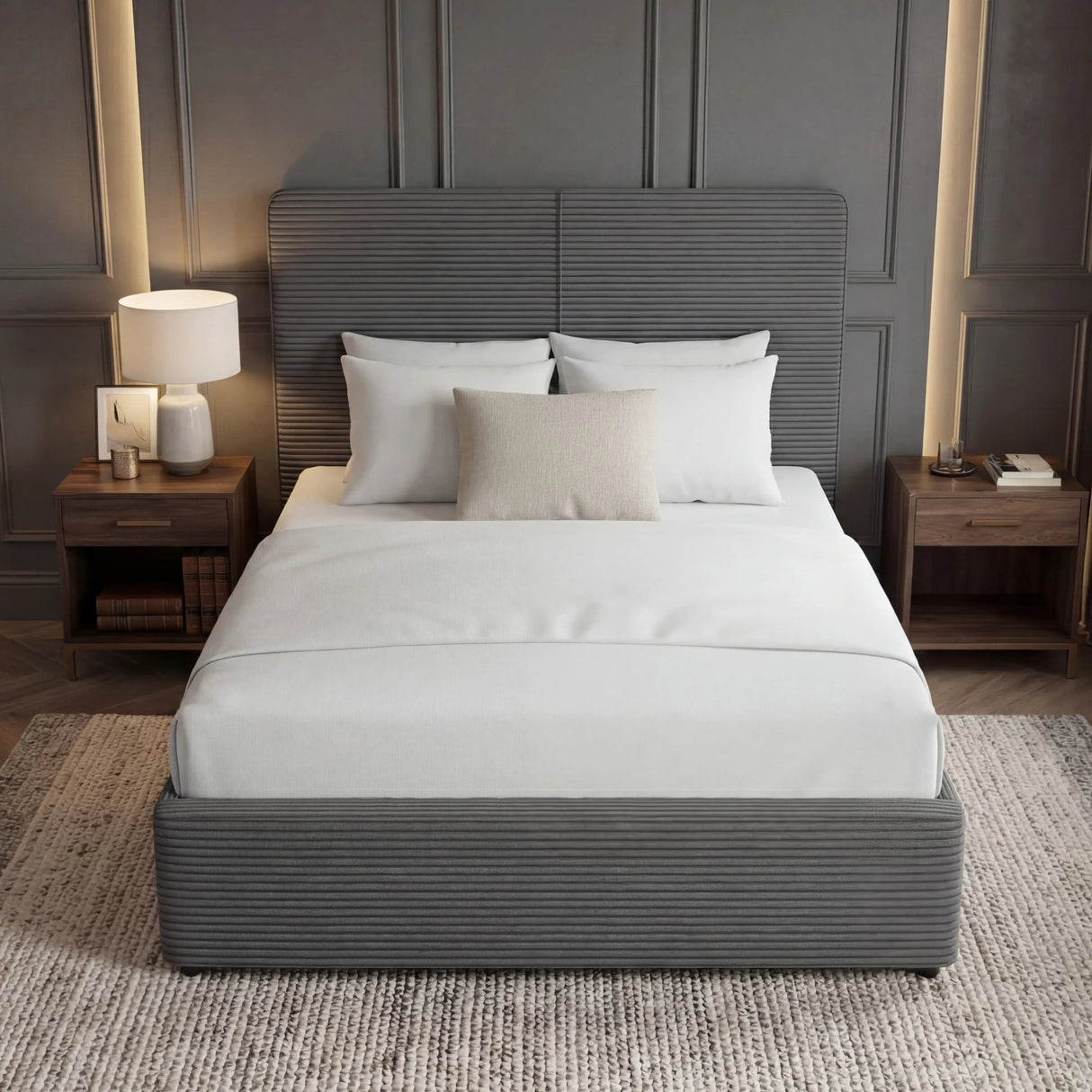 Single grey ottoman bed frame with upholstered headboard and footboard placed in the middle of a modern room
