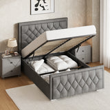 ottoman bed storage with the lifted mattress base, showing the under-bed storage space filled with white duvets and bedding