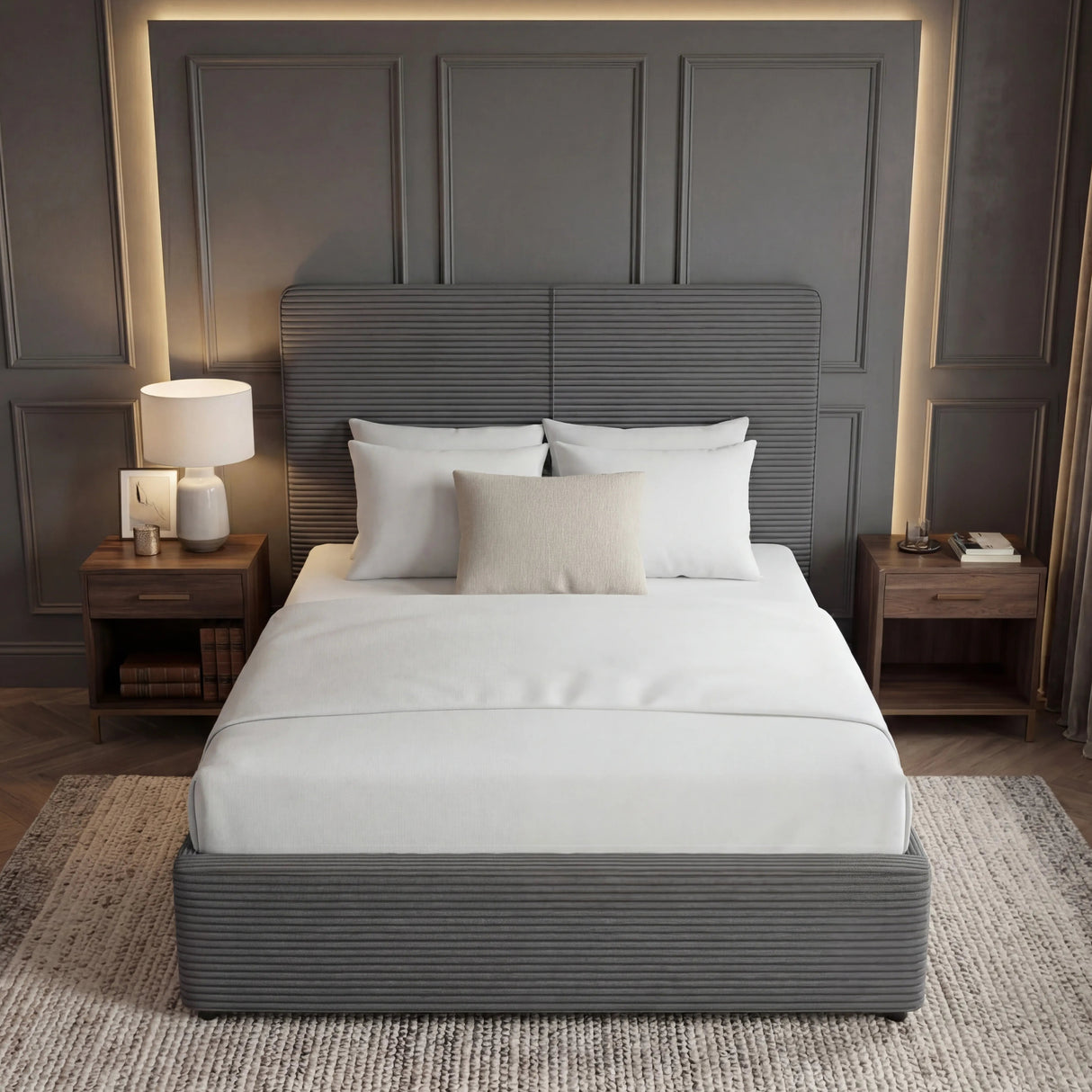 Grey ottoman storage bed king size with upholstered headboard and footboard placed in the middle of a modern room
