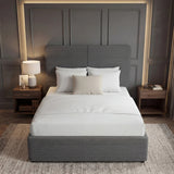 Grey ottoman storage bed king size with upholstered headboard and footboard placed in the middle of a modern room