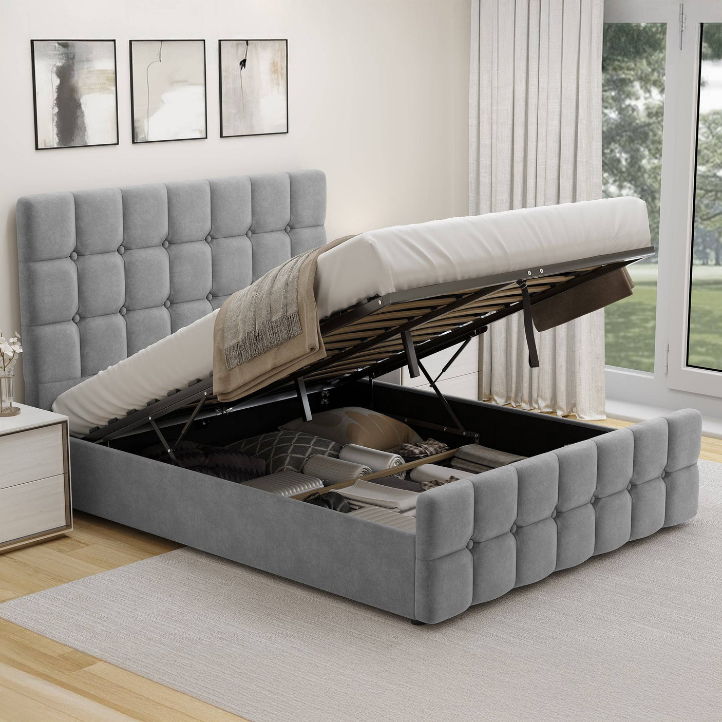 Blisswood Velvet Square Design Ottoman Storage Bed