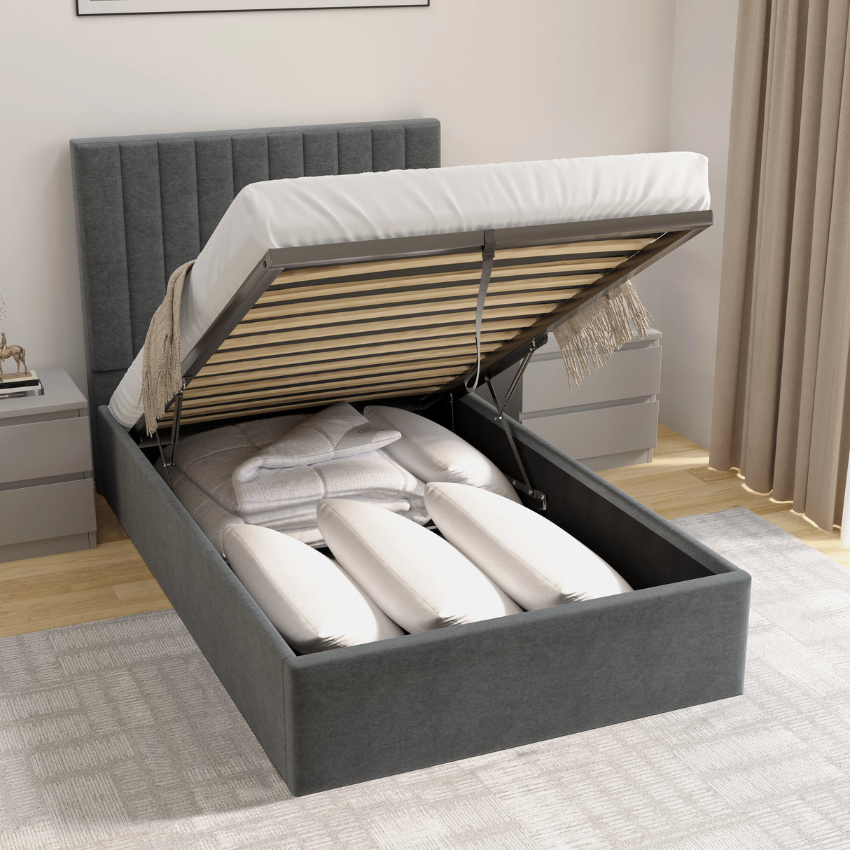 Grey upholstered bed with storage compartments in a bedroom setting
