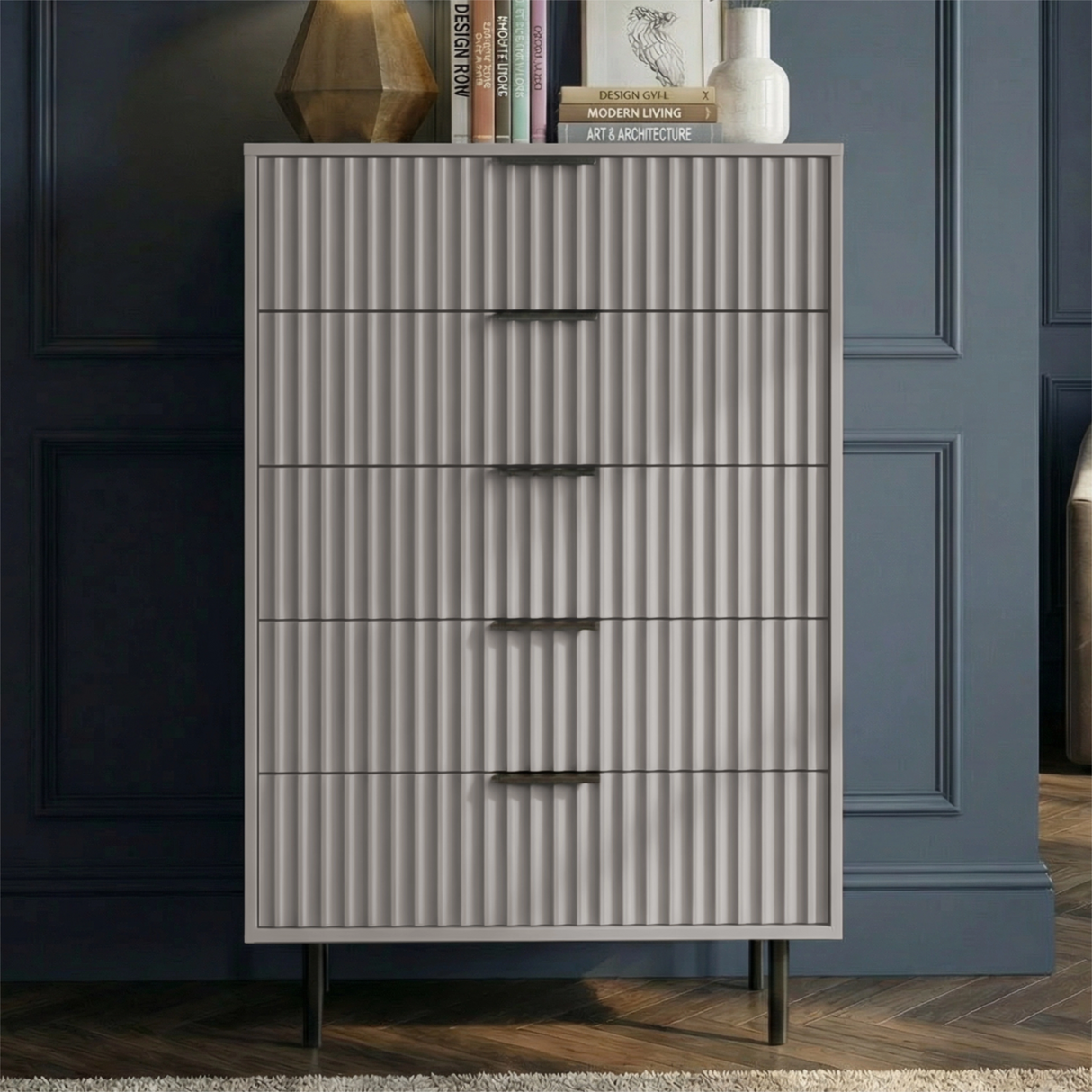 Grey bedroom chest of drawers front view with structured lines and horizontal metal handles