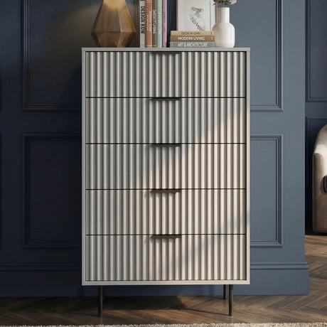 Grey bedroom chest of drawers front view with structured lines and horizontal metal handles