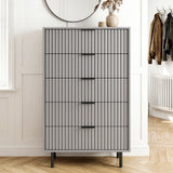 [Grey] bedroom chest of drawers front view with structured lines and horizontal metal handles