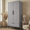 Grey double door wardrobe with panelled front, a drawer and minimalist black metal handle design and legs