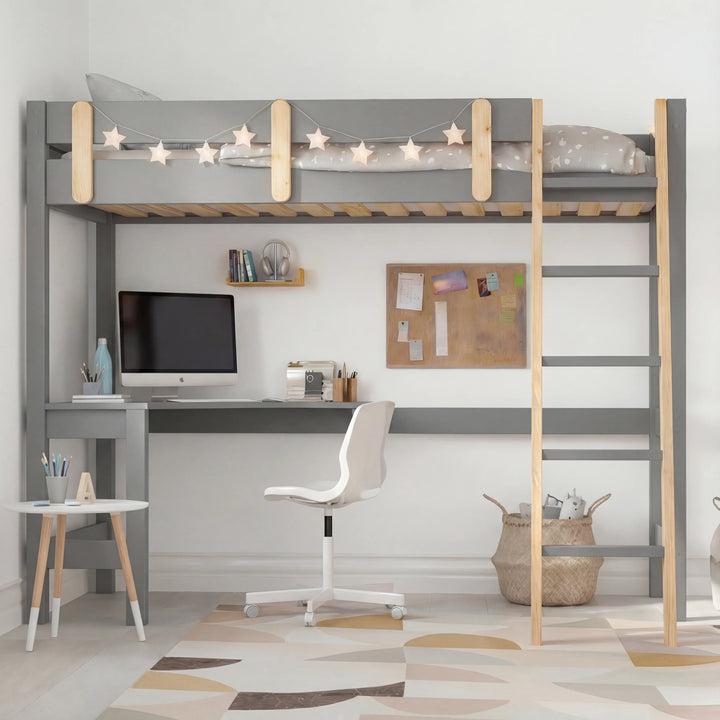 [Grey + Pine] bunk bed from the front with L-shaped desk workspace with chair below and pine wood ladder and rail accents