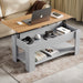 Lift top coffee table with storage in grey finish, featuring a raised pine top and open shelf, ideal for modern living rooms or home offices.