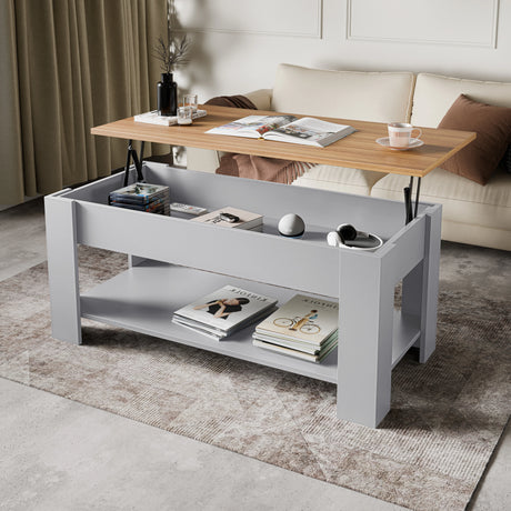 Lift top coffee table with storage in light grey finish and pine top, 100cm wide, ideal for modern living rooms with hidden compartment and shelf.