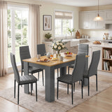 [Grey & Pine] Dining set in kitchen breakfast scene with six chairs, tableware, flowers, and windows.