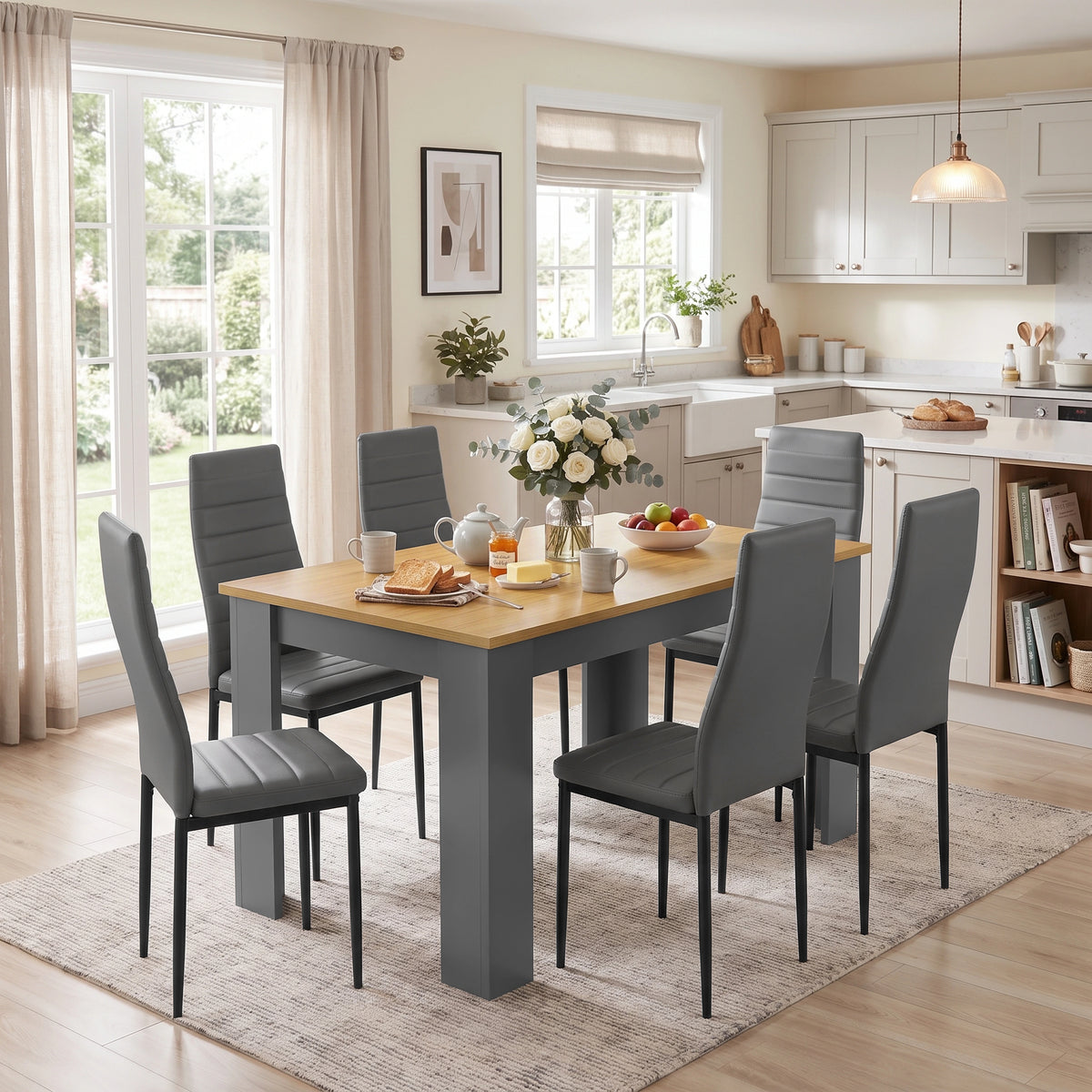 [Grey & Pine] Dining set in kitchen breakfast scene with six chairs, tableware, flowers, and windows.