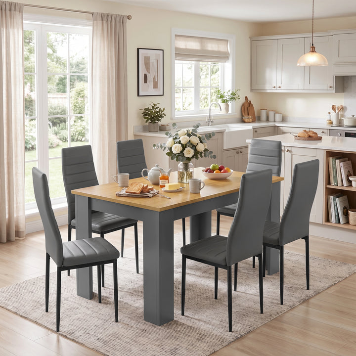 [Grey & Pine] Dining set in kitchen breakfast scene with six chairs, tableware, flowers, and windows.