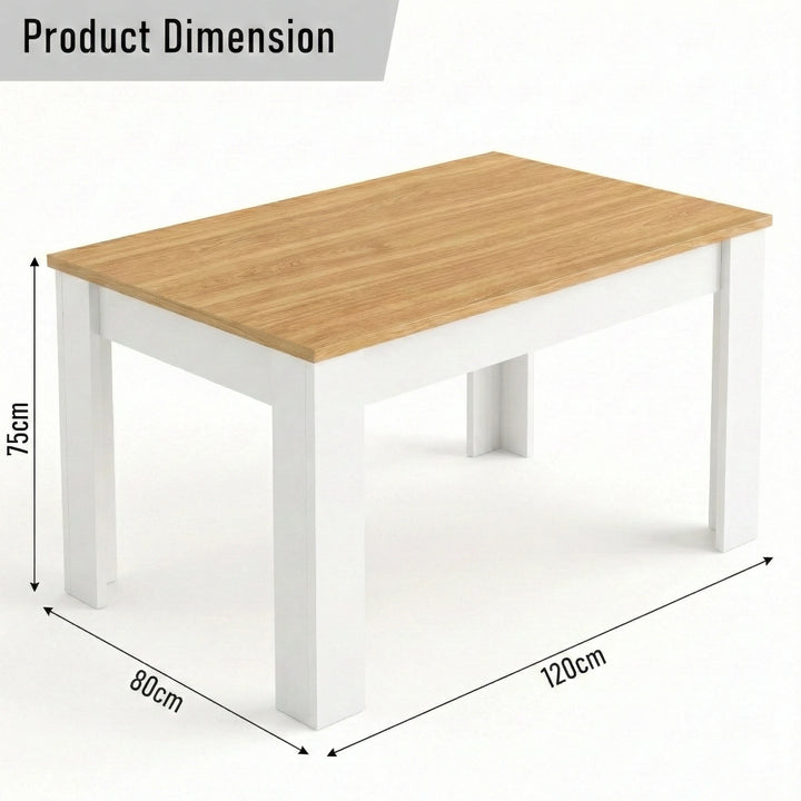 [4 Seater | Grey] Dining Table and Chairs Set dimension diagram showing 120cm length, 80cm width, and 75cm height with oak-effect pine top and white base