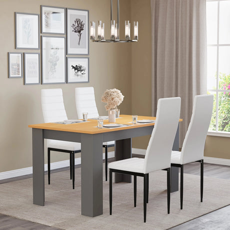 [4 Seater | White] pine top dining table for 4 with white ribbed leather chairs under pendant chandelier