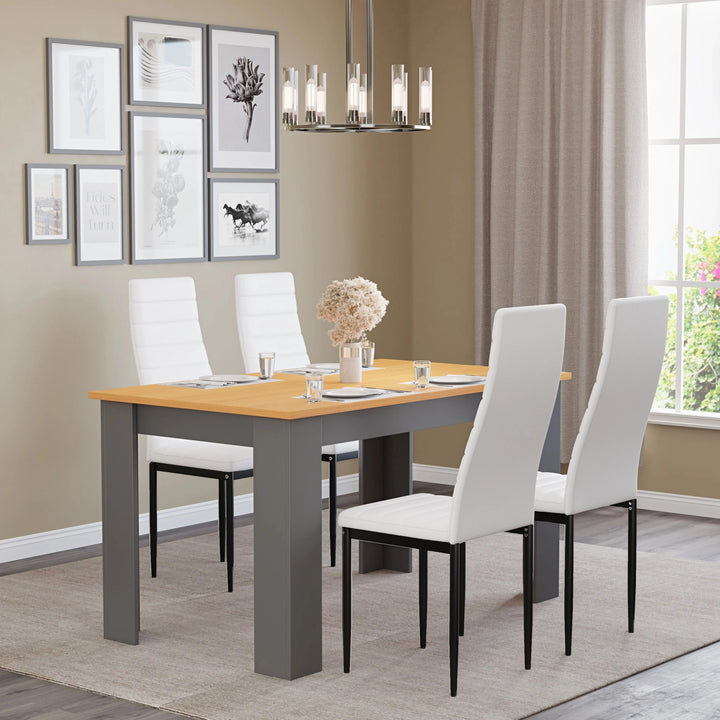 [4 Seater | White] pine top dining table for 4 with white ribbed leather chairs under pendant chandelier