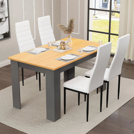 [4 Seater | White] lifestyle dining scene with four white PU leather high back chairs around pine top table