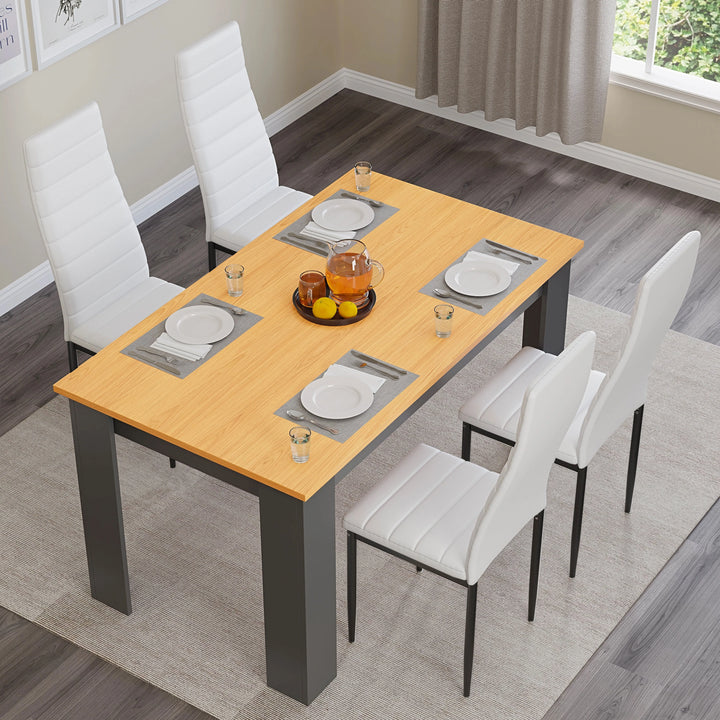 [4 Seater | White] looking down at pine wood dining table for 4 with white leather chairs and tableware