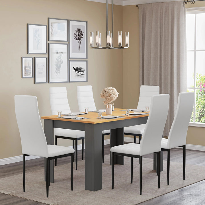 [6 Seater | White] dressed pine top table for six with white high back chairs and minimal centrepiece