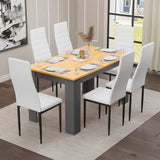 [6 Seater | White] lifestyle dining scene with six white PU leather high back chairs around pine top table