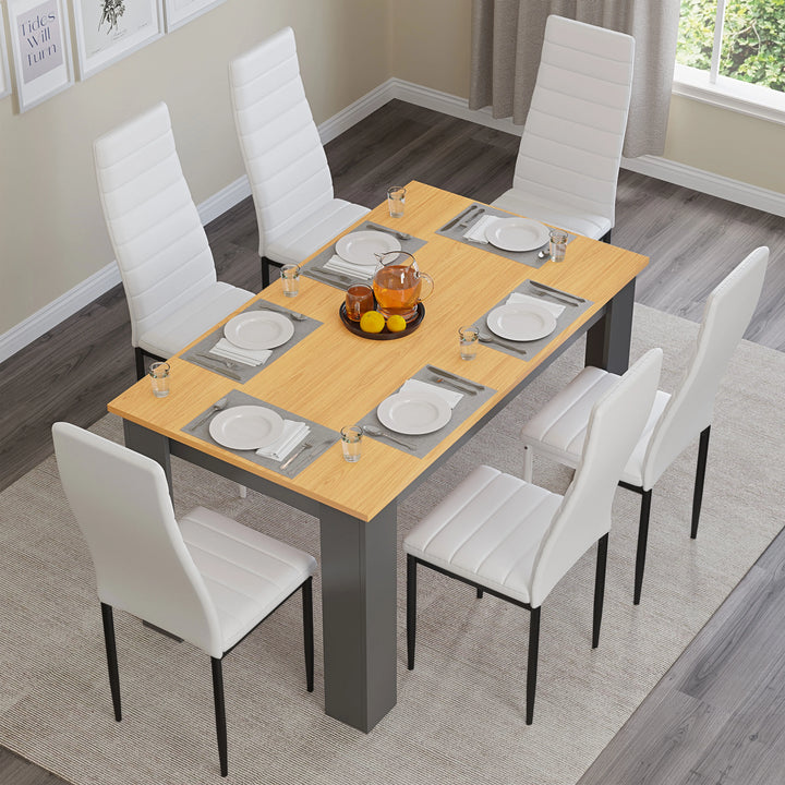 [6 Seater | White] overhead shot of pine top grey leg table with six white ribbed leather chairs around it