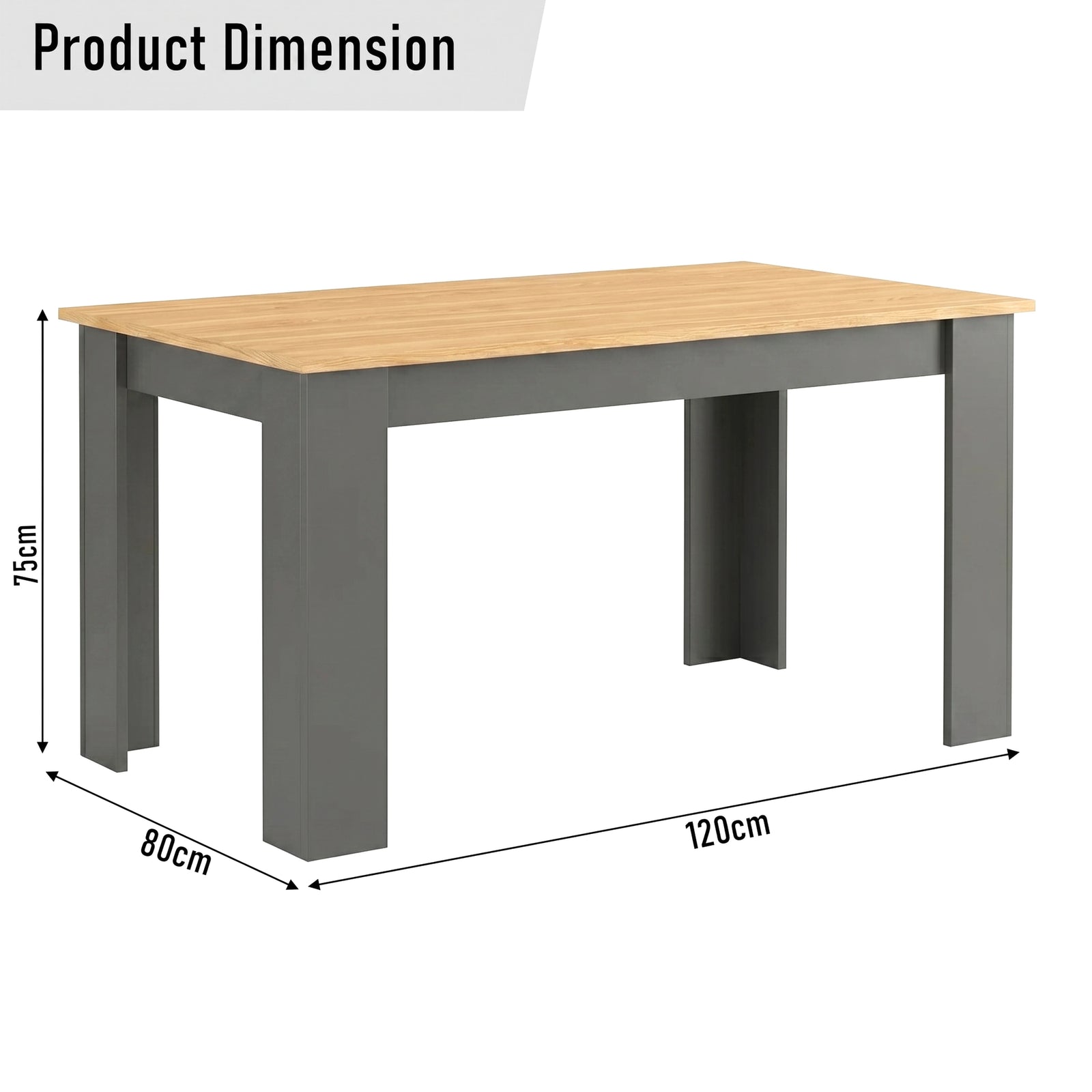 [4 Seater | Grey] Dimension diagram of a Grey & Pine dining table: 120cm length, 80cm width, and 75cm height.