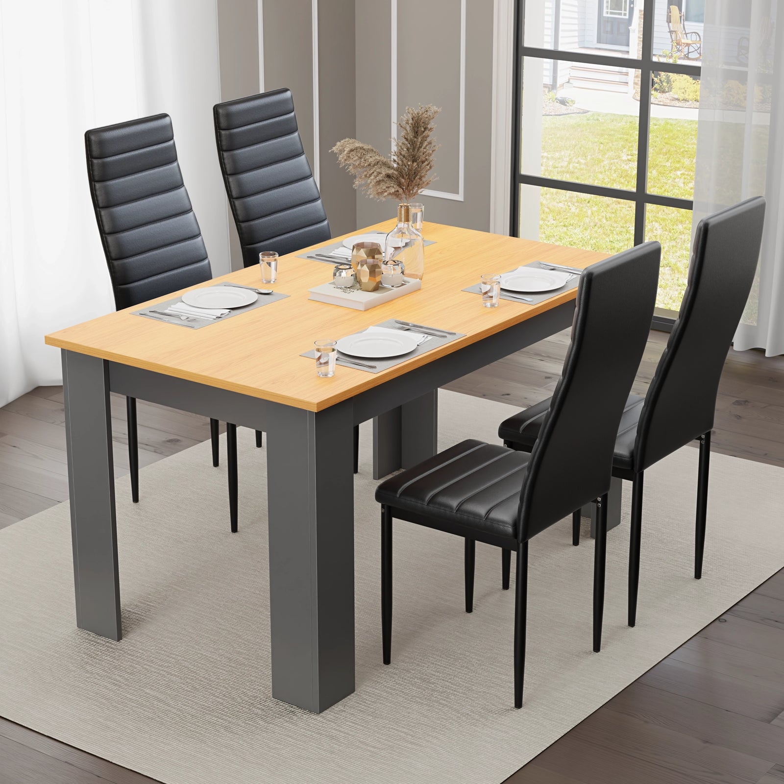 [4 Seater | Black] dining scene with four black PU leather high back chairs around pine top table by window