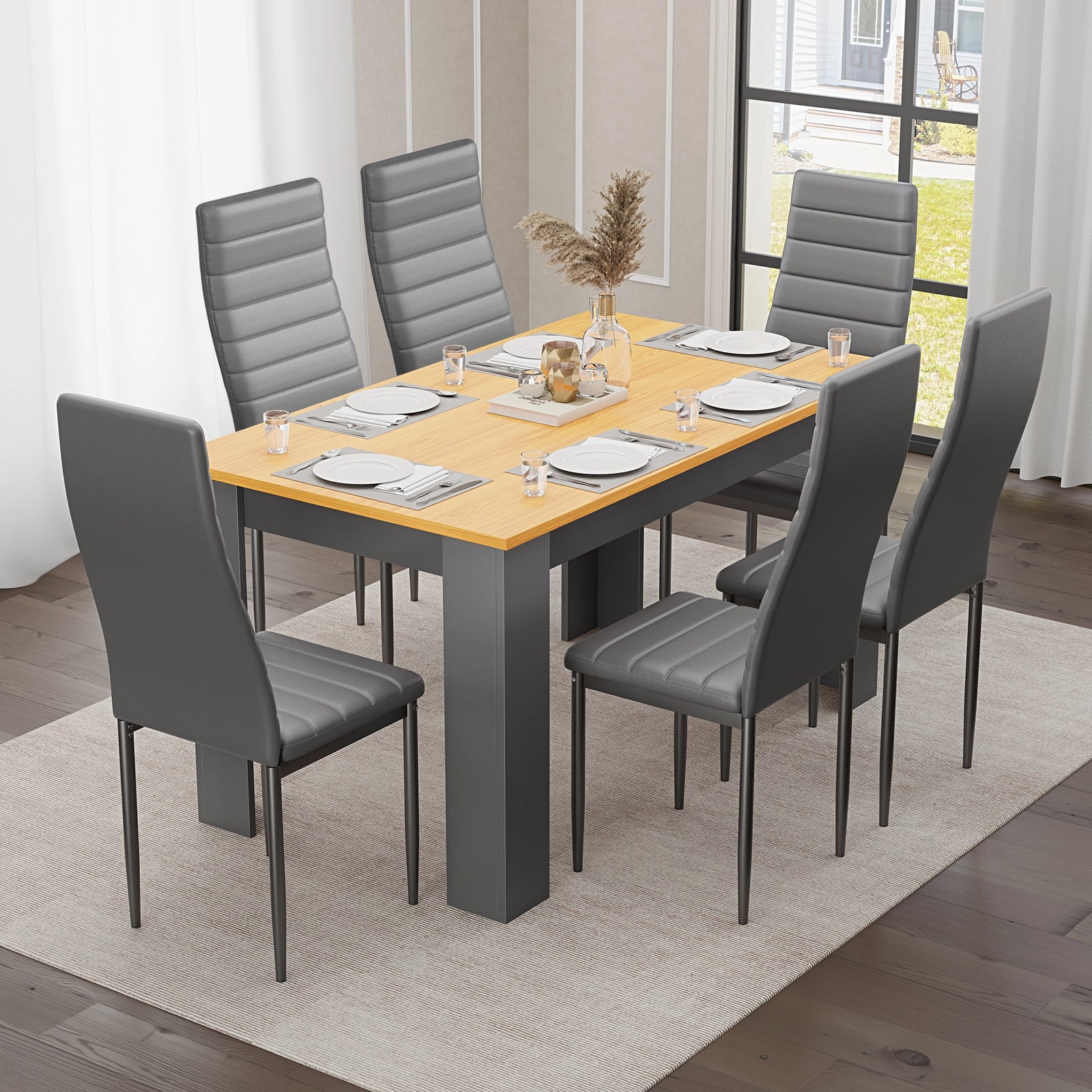 [6 Seater | Grey] lifestyle dining scene with 6 grey PU leather high back chairs around pine top table on woven rug