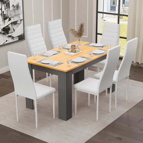 modern small dining table with white upholstered chairs in 6 chair dining set from Dream Home Store
