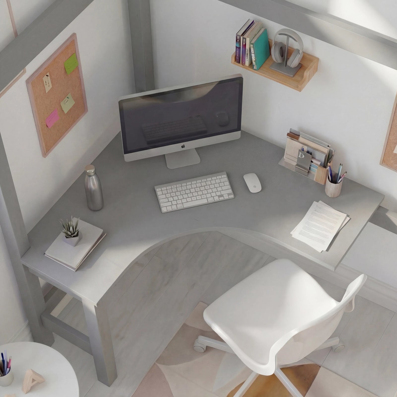 [Grey + Pine] bunk bed workspace close-up beneath loft bed with monitor on desk and pine floating shelf above