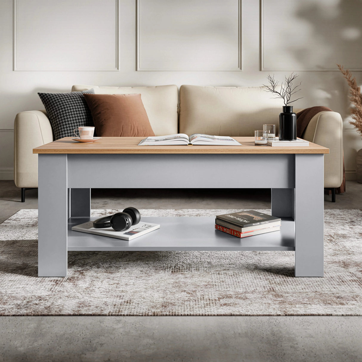 [Grey + Pine] Lift top coffee table front view with pine surface and grey frame.