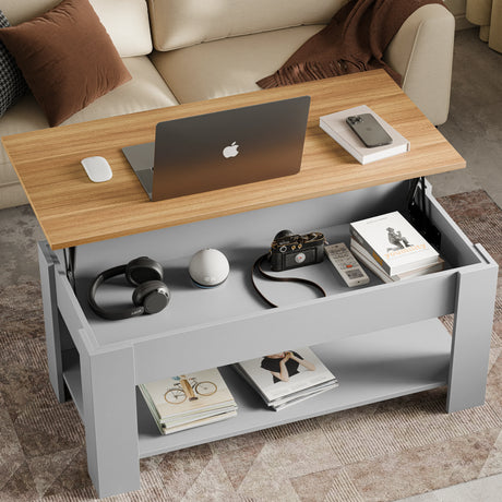 Lift top coffee table with storage in grey finish, featuring a raised pine top and open shelf, ideal for modern living rooms or home offices.
