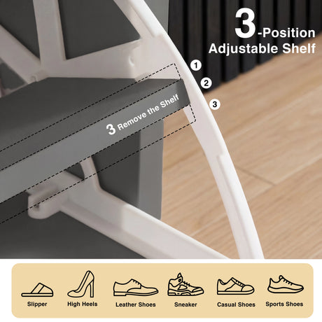 Grey shoe cabinet adjustable shelf system with three height positions for varied footwear storage
