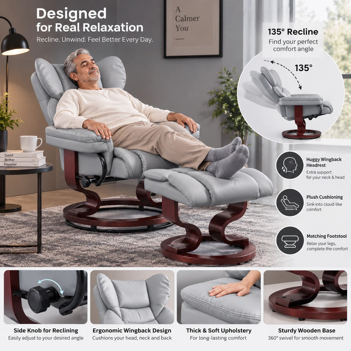 [Grey- PU Leather] A reclining armchair with a matching footrest shown in a styled living room setting, with text callouts highlighting features such as 135° recline, ergonomic backrest, plush cushioning, and a sturdy wooden base. The chair has a light gray upholstered seat and back with a dark reddish-brown wooden frame.